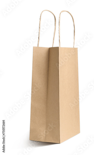One kraft paper bag with handles isolated on white