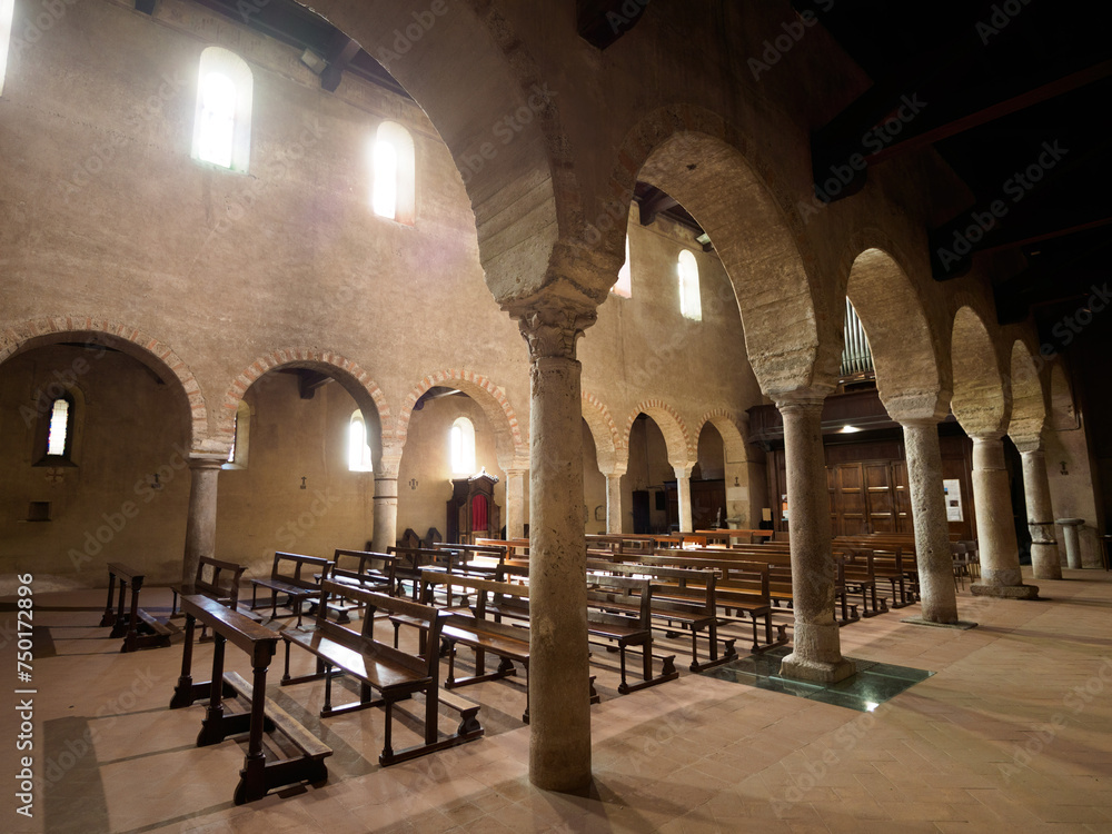 Medieval church of SS. Pietro e Paolo at Agliate, Brianza, Italy. interior