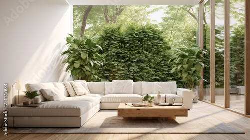 A modern living room with biophilic design that has a white wall, plenty of plants, and a comfortable sofa