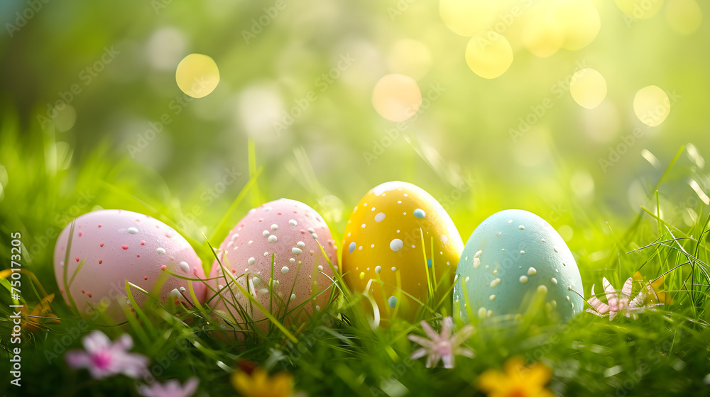 Colorful Easter Eggs Hidden in Spring Grass with Morning Dew