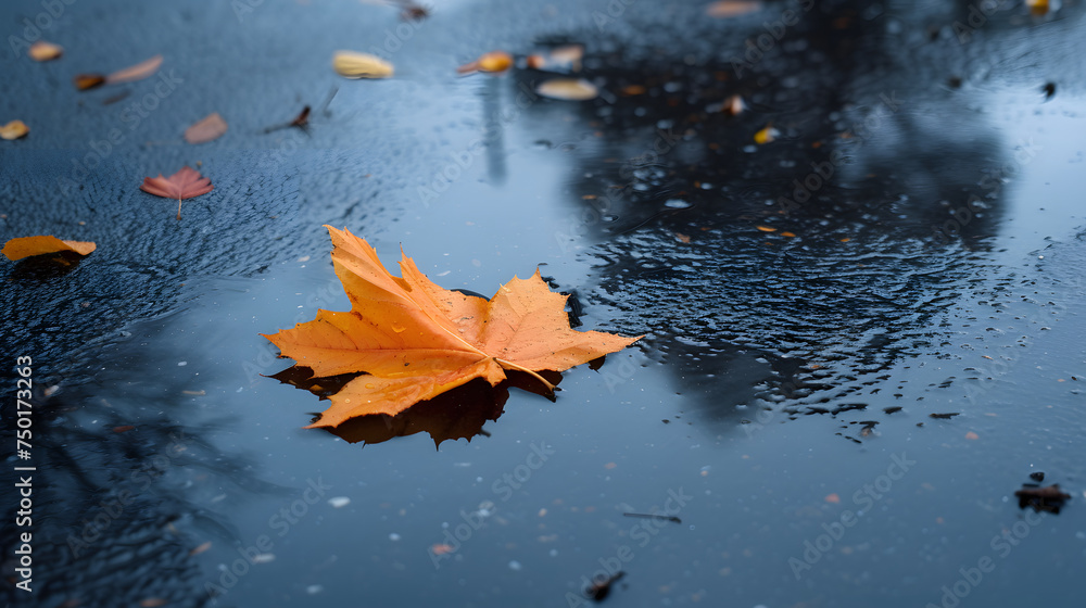 Autumn Maple Leaf on Wet Asphalt with Reflections Autumn Maple Leaf on Wet Asphalt with Reflections