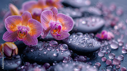 Spa treatment concept. Flowers of orchid and stones. Beautiful background with copy space