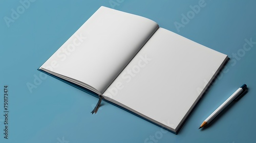 Open Blank Notebook with Pen on Blue Background