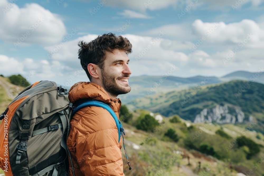 A man with a backpack is smiling and looking out over a mountain range
