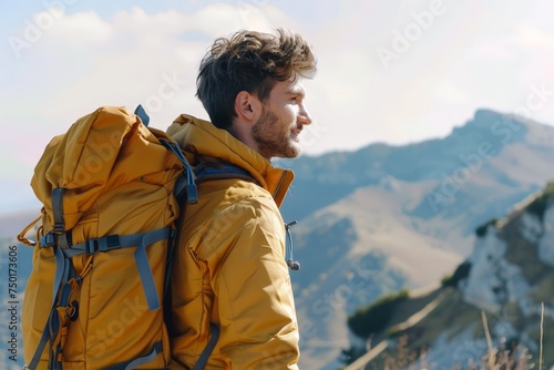 A man wearing a yellow jacket and a backpack is standing on a mountain
