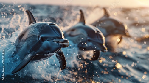 Group of Dolphins Swimming in the Ocean © olegganko