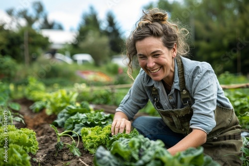 A woman is smiling while tending to her garden