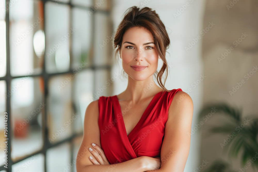 Elegant Confident Woman in Stylish Red Dress with Arms Crossed in Modern Home Interior, Exuding Class and Sophistication