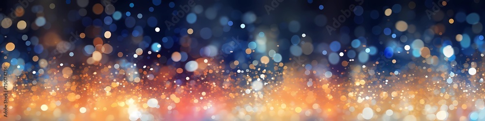 beautiful abstract dark silver, light beige, and orange, glitter and shine, blue and white bokeh background banner