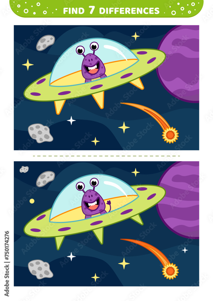 UFO in space. Find 7 differences. Space game. Flat, cartoon, vector UFO in space. Find 7 differences. Space game. Flat, cartoon, vector