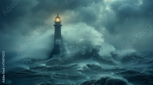 Lighthouse Standing Tall Amidst Enormous Wave © olegganko
