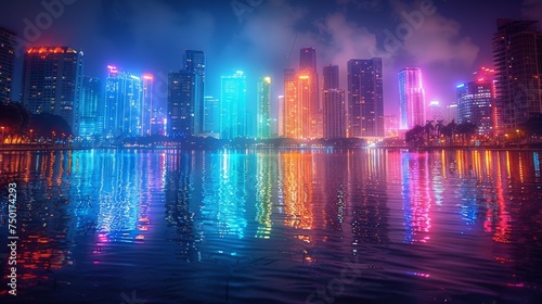 Vibrant City Skyline Illuminated at Night