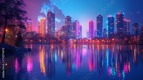 Vibrant City Skyline Illuminated at Night