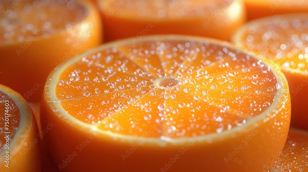 a group of oranges that have been sliced in half and are sitting on a table with drops of water on the tops of the tops of the oranges. a group of oranges that have been sliced in half and are sitting on a table with drops of water on the tops of the tops of the oranges.