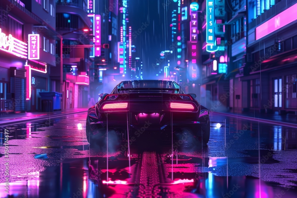 A neon city street with a car driving down it