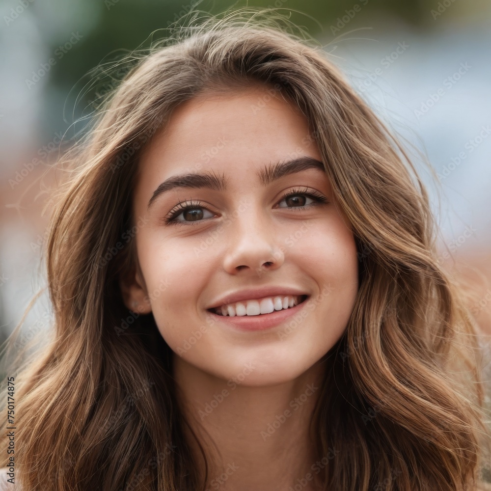 Outdoor portrait of a young woman with long brown hair. She is smiling. Outdoor portrait of a young woman with long brown hair. She is smiling.