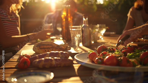 grillen im sommer, barbecue im garten, abends mit sonne, fleisch und gemüse, gesund, freunde, lachen, trinken, essen, gemütlich photo