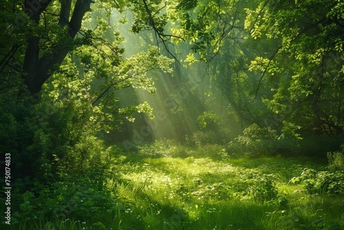 A lush green forest with sunlight shining through the trees © Aliaksandr Siamko