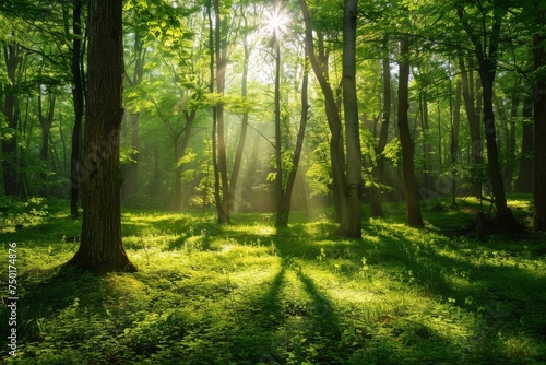 A forest with a bright sun shining through the trees