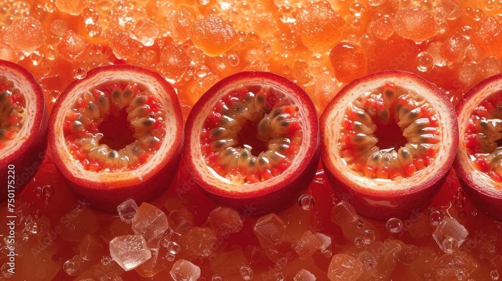 a group of pieces of fruit sitting next to each other on top of a pile of ice cubes on top of an orange surface with water droplets on the surface. a group of pieces of fruit sitting next to each other on top of a pile of ice cubes on top of an orange surface with water droplets on the surface.