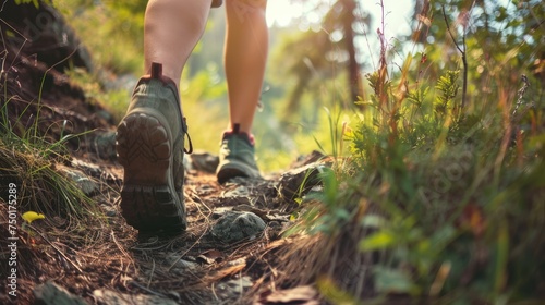 Hiker in sports shoes walking in forest. Hiking endurance concept. AI Generated 