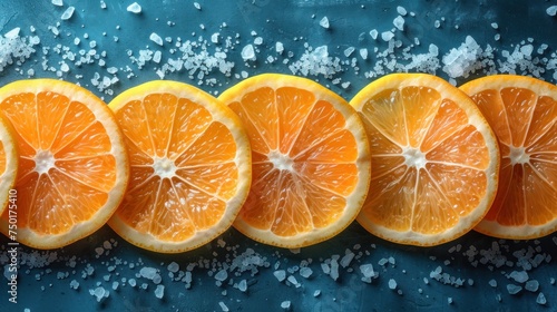  a row of sliced oranges sitting on top of a blue counter top covered in sea salt and flaked on top of the counter top of the counter.
