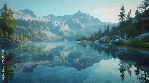 A crystal-clear lake reflecting the surrounding mountains and trees, undisturbed and perfectly still