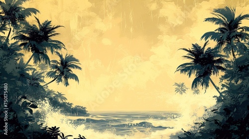  a painting of a beach with palm trees in the foreground and a yellow sky in the background, with the sun shining through the palm trees to the left.