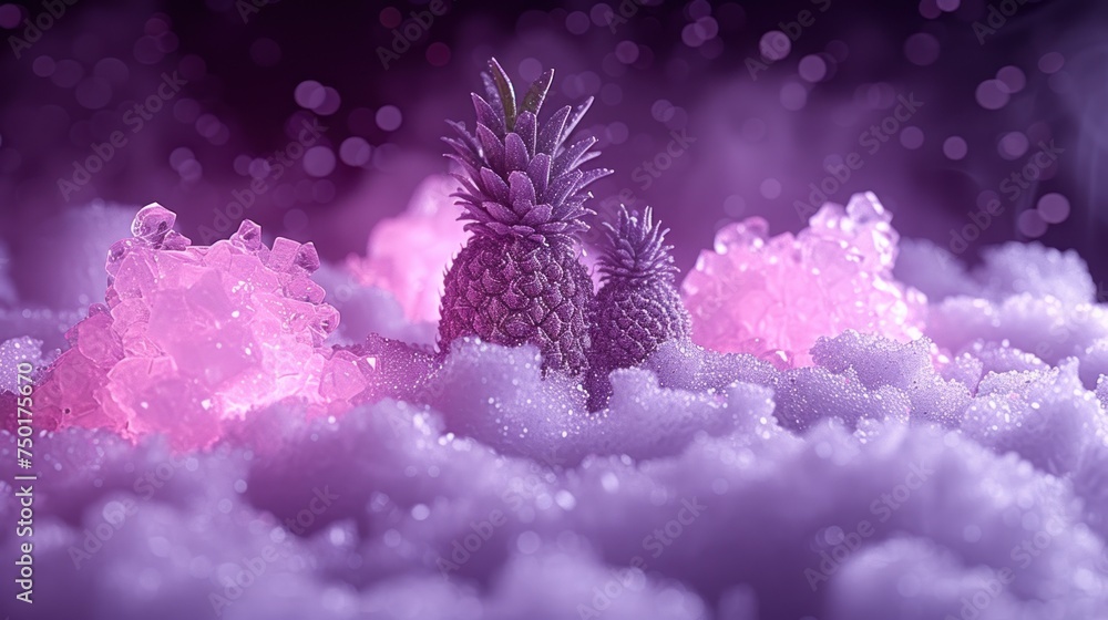 a pineapple sitting on top of a pile of clouds of pink and purple fluffly water on top of a black background with a purple hued out boket. a pineapple sitting on top of a pile of clouds of pink and purple fluffly water on top of a black background with a purple hued out boket.