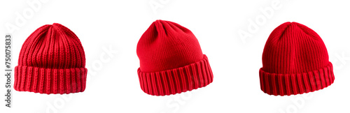 Set of red wool beanies hats on transparent background