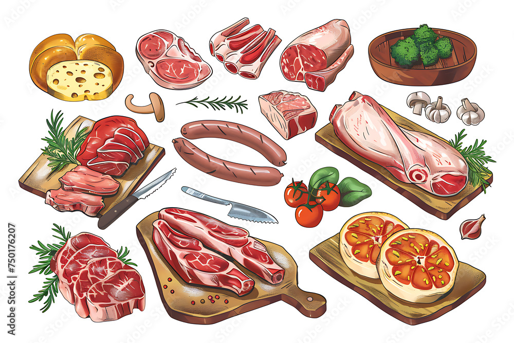 Variety of Fresh Meats, Vegetables, and Cheese Illustration Variety of Fresh Meats, Vegetables, and Cheese Illustration