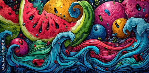  a painting of a bunch of watermelons floating on top of a body of water with a lot of bubbles coming out of the top of the tops of them.