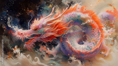  a painting of a dragon with orange and blue colors on it s body and wings  with water swirling around it  on a black background with white swirls.