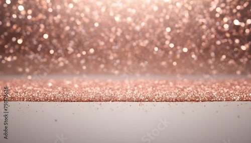 Glitter rose gold particles stage and light shine abstract background. Flickering particles with bokeh effect. Rose gold glow particle abstract bokeh background.