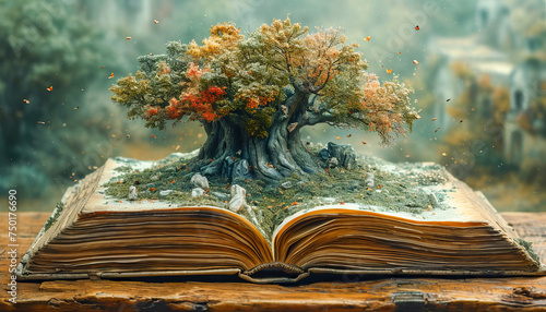 Open book with tree, visual composition with literary element, April, National Poetry Month 