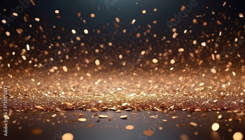 Glitter gold particles stage and light shine abstract background. Flickering particles with bokeh effect. Gold glow particle abstract bokeh background. © Sanita