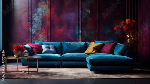 A modern living room with a textured wall finish in jewel tones photo