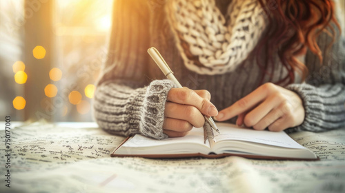 A woman is writing on an open book with a pen, focusing on the task at hand