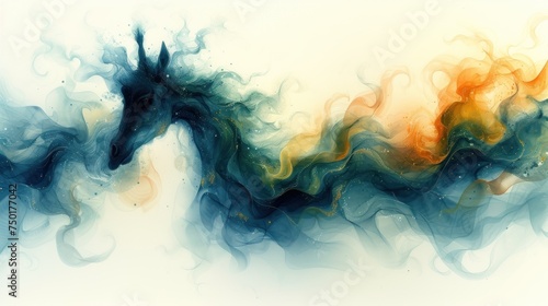  an abstract painting of a horse's head in blue, orange, yellow, and white colors on a white background with a black horse's head in the foreground.