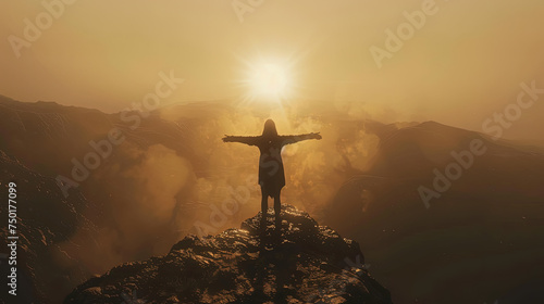 A person standing triumphantly on the peak of a mountain  arms outstretched in a victory pose against the sky