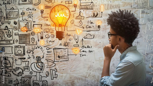 A pensive young man with glasses looks thoughtfully at hand-drawn symbols and a light bulb representing ideas on a wall covered in doodles photo