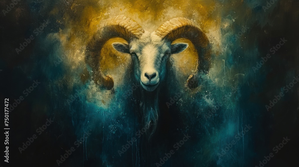  a painting of a ram with horns standing in the middle of a dark blue, yellow, and green background with a yellow light coming from the center of the ram's head.