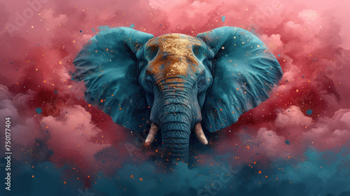  a painting of an elephant's head in the air with clouds and stars in the sky in front of a pink and blue sky filled with clouds and red hued background.