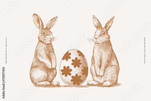 Pair of funny rabbits with a painted egg in an engraving style. Festive illustration for Happy Easter. Cute bunnies and Easter egg on a light background. Design element for spring holiday.