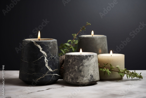Artisanal natural stone candles with marble design set against a dark backdrop, their gentle flames symbolize eco-friendly illumination and aesthetic serenity.