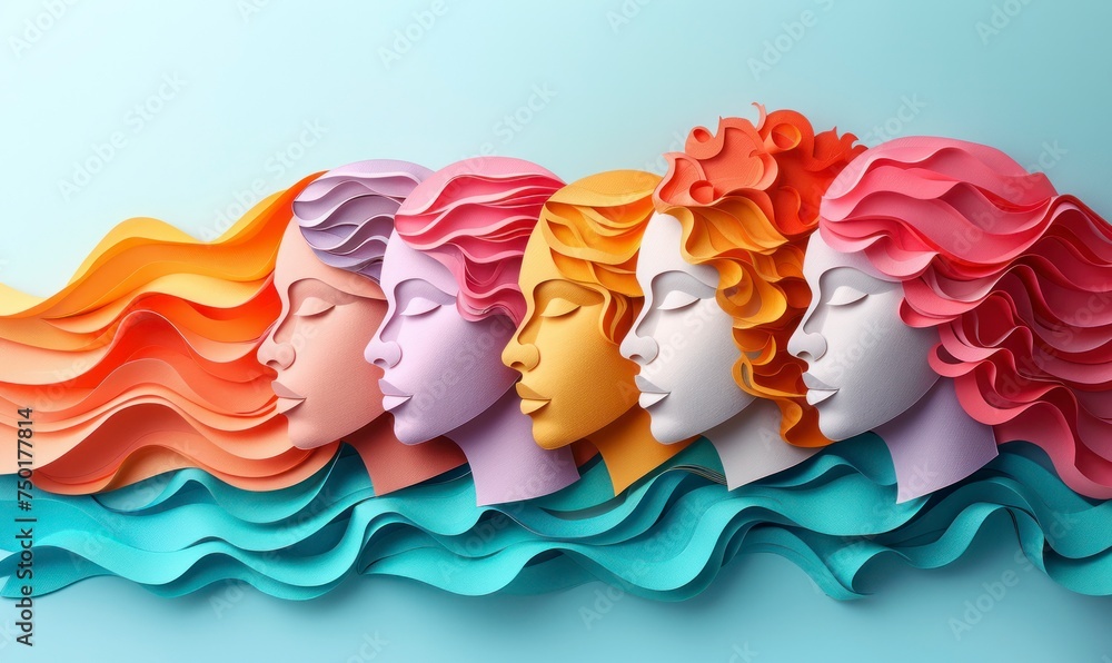 Paper cut illustration. Symbols of international women's day, paper cut faces, different women from around the world Paper cut illustration. Symbols of international women's day, paper cut faces, different women from around the world