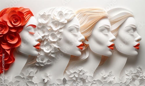 Paper cut illustration. Symbols of international women's day, paper cut faces, different women from around the world