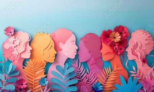 Paper cut illustration. Symbols of international women's day, paper cut faces, different women from around the world photo