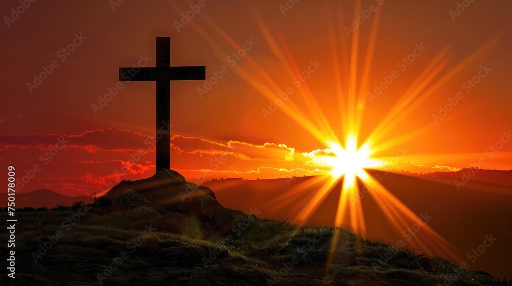 Silhouette of a cross with bright sun
