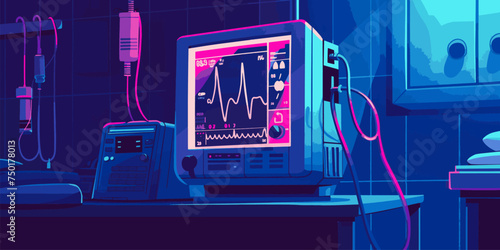 Heart monitor with ECG lines on the background of critical patient in the intensive care unit